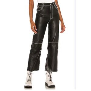 we the free free people black vegan leather straight leg pants contrast stitchin
